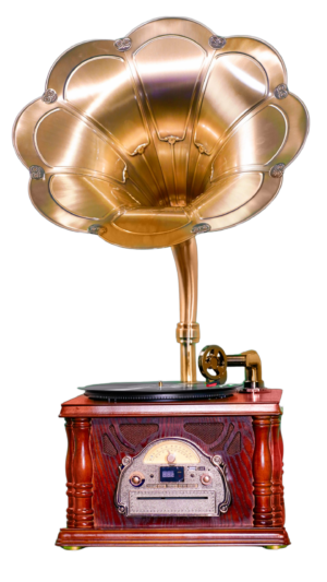 A classic horn gramophone with a carved wooden cabinet and brass horn, combining a 3-speed turntable with Bluetooth